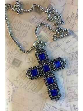 Vintage Large Gothic Cross Necklace Blue Faux Lapis Statement Pendant Chain